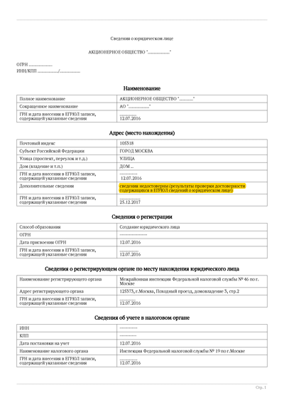 Запись о недостоверности содержащихся в ЕГРЮЛ сведений о юридическом лице